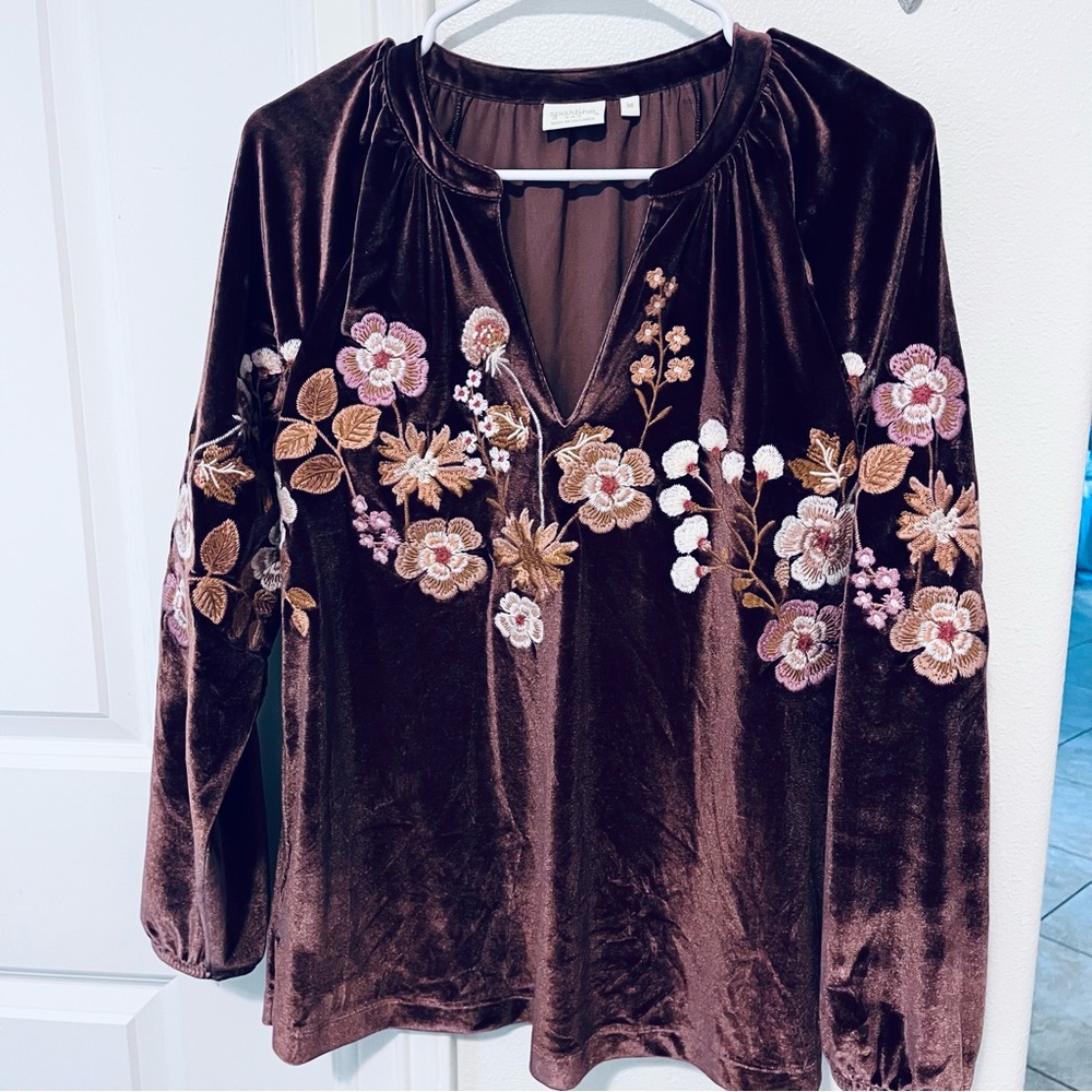 Spartina 449 Genevieve Embroidered Velvet Blouse in Rich Brown